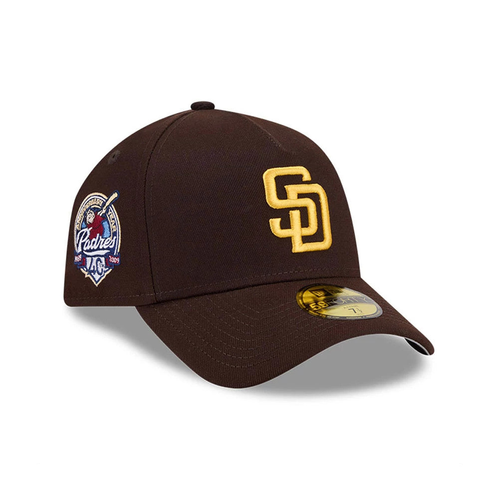 San Diego Padres MLB Team Side Dark Brown New Era 59FORTY A-Frame Fitted Cap, three-quarter view showing a raised gold San Diego logo on the front panel, an embroidered Padres anniversary patch on the left side.