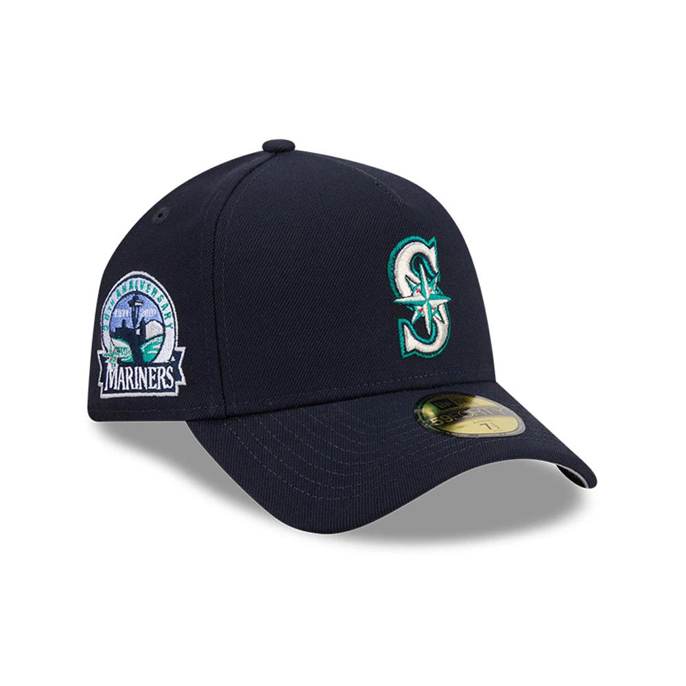 Seattle Mariners MLB Team Side Navy New Era 59FORTY A-Frame Fitted Cap, three-quarter view showing the raised teal and white C logo on the front panel, a commemorative Mariners patch on the left side.