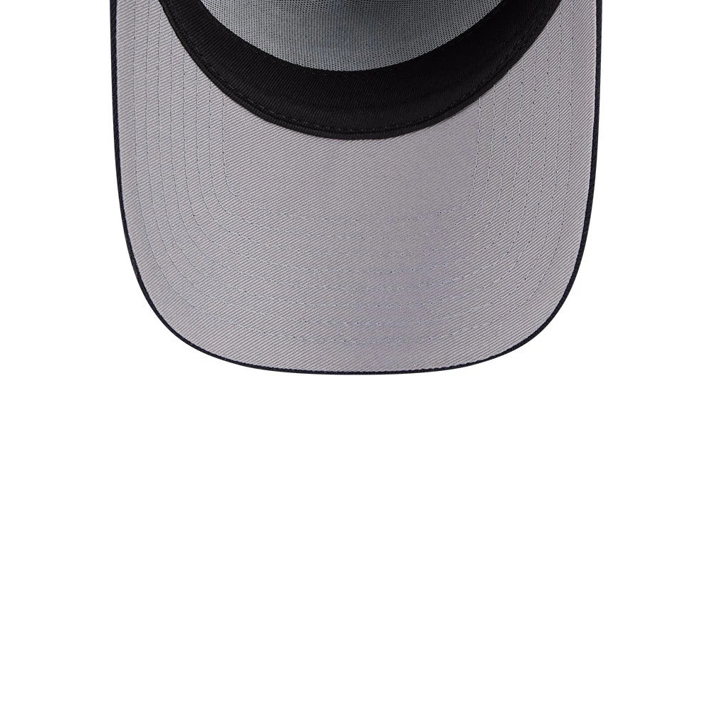 Seattle Mariners MLB Team Side Navy New Era 59FORTY A-Frame Fitted Cap, inside view revealing a grey undervisor, black sweatband and black interior taping, emphasising the structured design of the cap with precise stitching details.