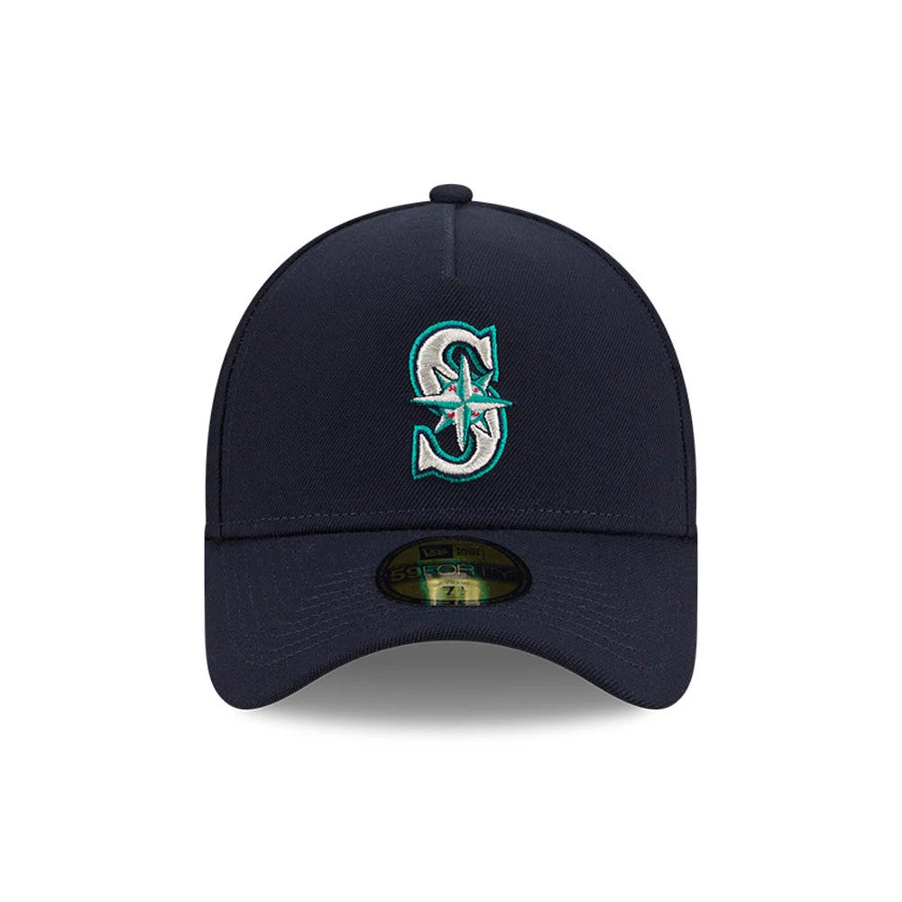 Seattle Mariners MLB Team Side Navy New Era 59FORTY A-Frame Fitted Cap, front view showing a raised embroidery of the team logo in teal and white on the structured navy crown, with a 59FORTY size sticker on the curved visor.