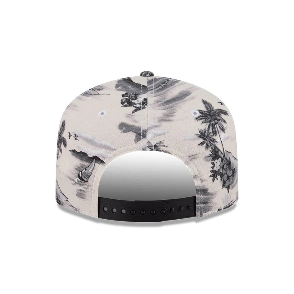 Chicago White Sox MLB Tropics Cream New Era 19TWENTY Adjustable Cap, rear view showing the snapback closure, tropical-themed graphic across the panels with palm trees and sailboats, and white embroidered eyelets on the cream fabric.