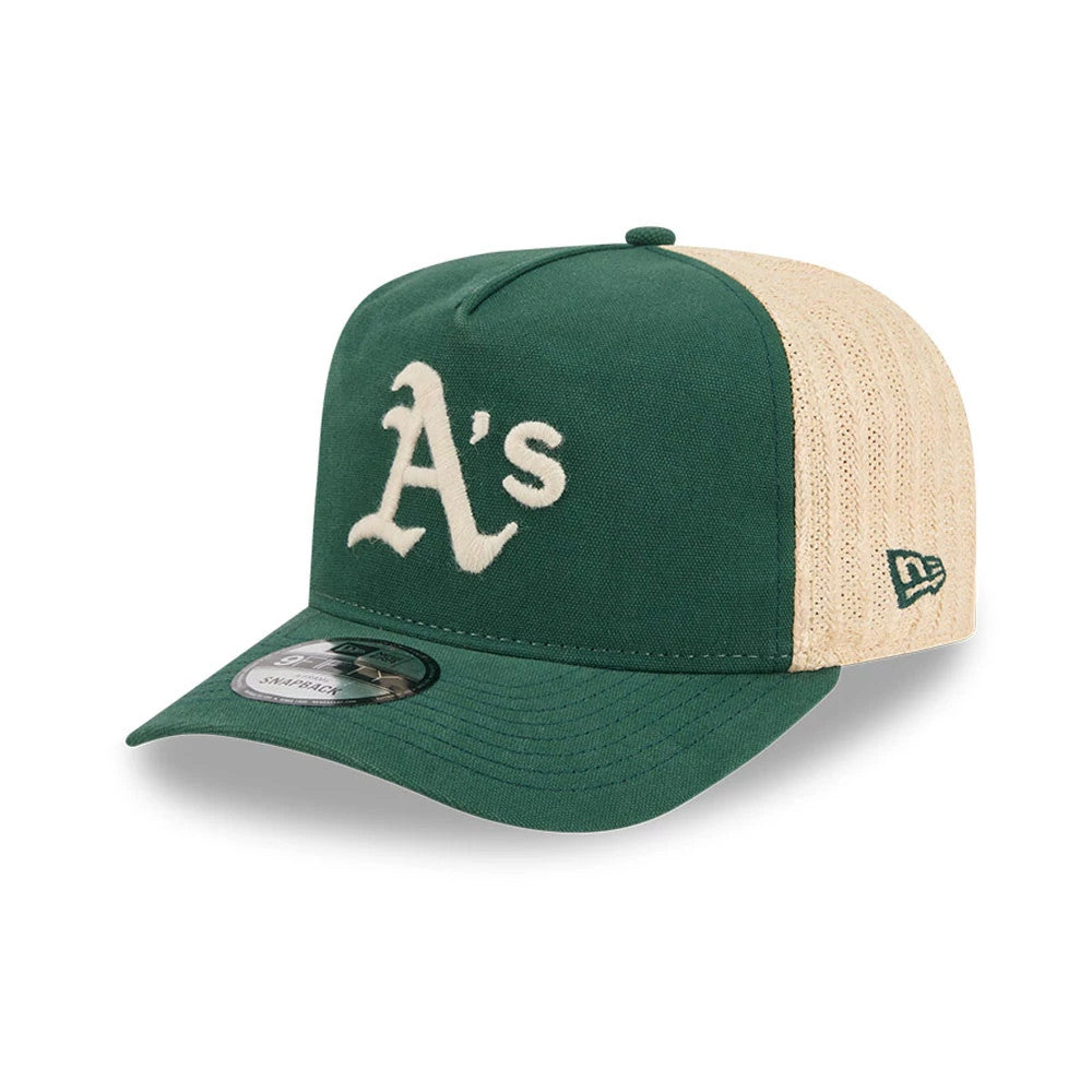 Athletics MLB Grained Dark Green New Era 9FIFTY A-Frame Snapback Adjustable Cap, three-quarter view showing the large white embroidered A's logo on the front panel, woven beige side panels, and green visor with a 9FIFTY size sticker.