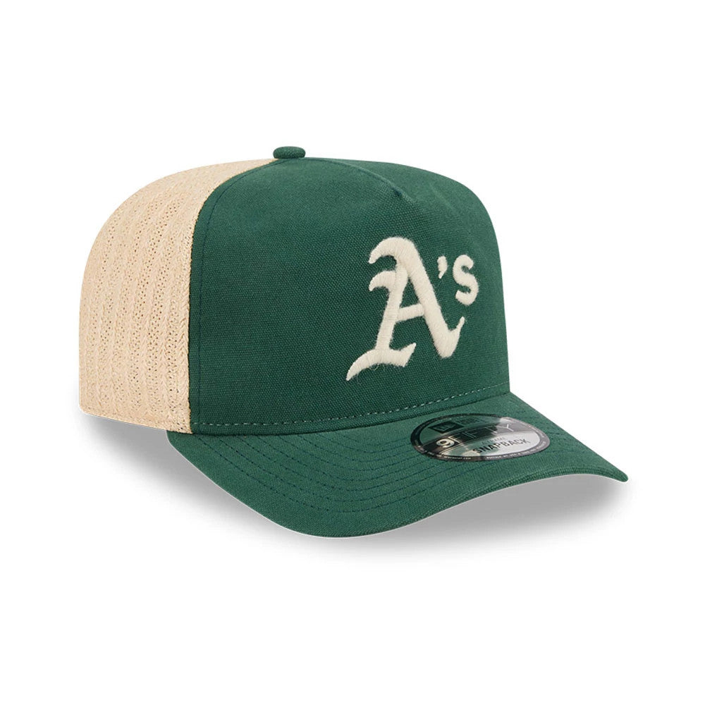 Athletics MLB Grained Dark Green New Era 9FIFTY A-Frame Snapback Adjustable Cap, three-quarter view showing the raised white embroidered A's logo on the front panel, contrasted with a beige mesh back.