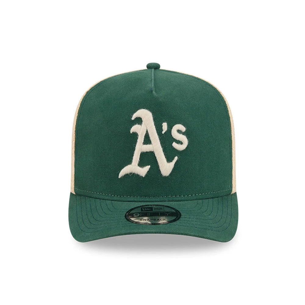 Athletics MLB Grained Dark Green New Era 9FIFTY A-Frame Snapback Adjustable Cap, front view showing the large white embroidered A's logo on the structured dark green crown, with a flat visor and a 9FIFTY size sticker.