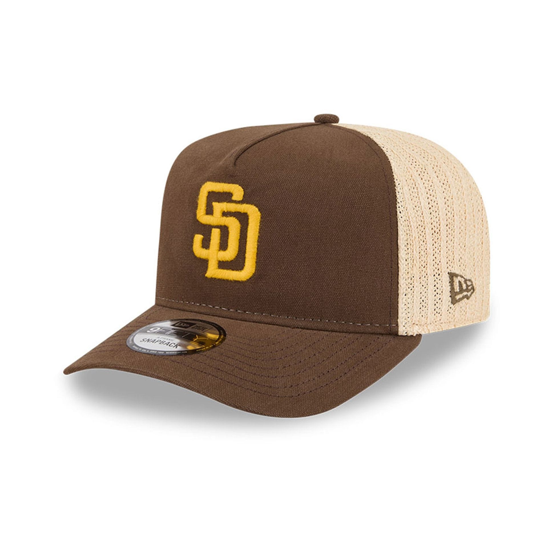 Pictured is this MLB Grained San Diego Padres 9FIFTY A-Frame Snapback cap in dark brown. 1
