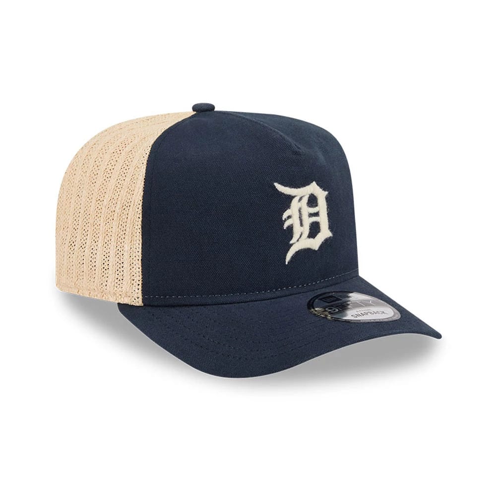 Detroit Tigers MLB Grained Navy New Era 9FIFTY A-Frame Snapback Adjustable Cap, front view showing a white embroidered D logo on the high structured navy crown, with a black 9FIFTY size sticker on the visor and beige mesh side panels.