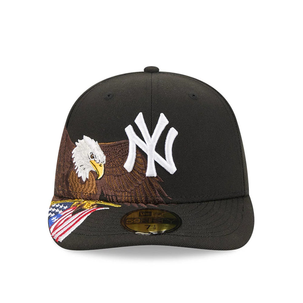 New York Yankees MLB Eagle Black New Era 59FIFTY Fitted Cap, front view showing a white raised embroidered NY logo on the black front panel, a detailed eagle graphic spreading across the front and visor, and a gold 59FIFTY size sticker.