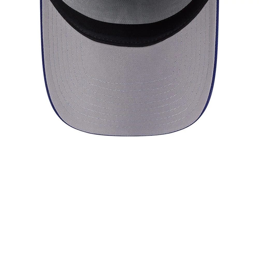 LA Dodgers MLB Team Side Blue New Era 59FORTY A-Frame Fitted Cap, underside view showing the grey undervisor with detailed stitching, a dark black sweatband along the edge, and a glimpse of the structured blue crown.