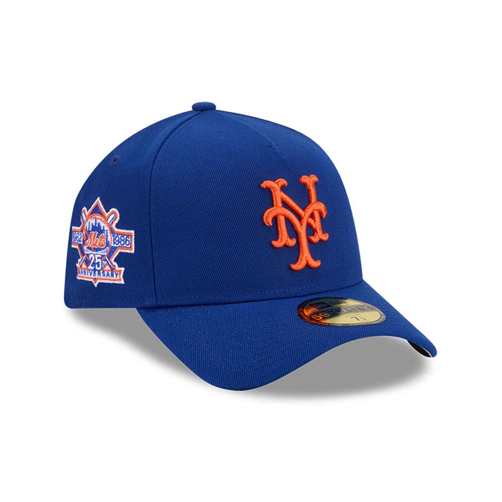 New York Mets MLB Team Side Blue New Era 59FORTY A-Frame Fitted Cap, front view showing the orange raised embroidered NY logo on the blue structured crown, gold 59FORTY size sticker on the blue curved visor, and anniversary side patch in orange.