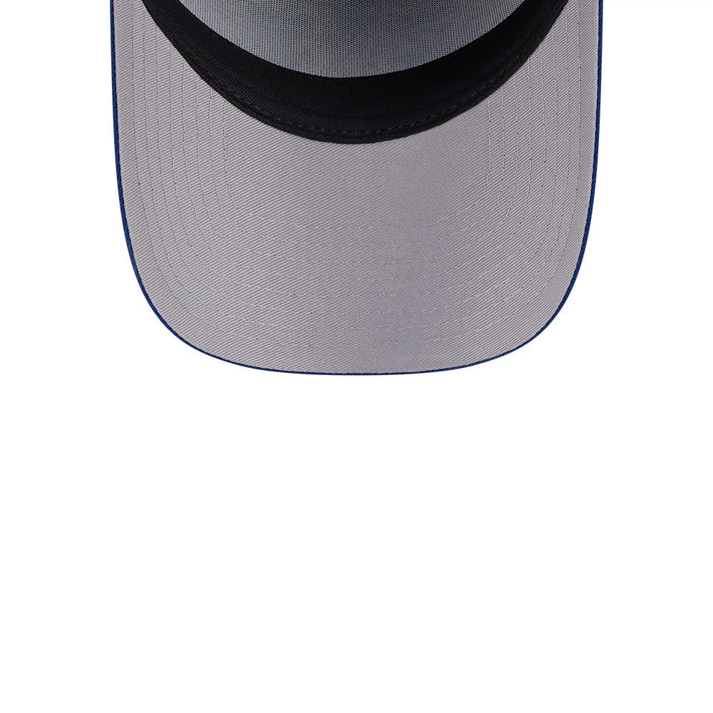 New York Mets MLB Team Side Blue New Era 59FORTY A-Frame Fitted Cap, inside view showing the grey undervisor with blue stitching, contrasting with the black sweatband on the interior of the structured crown.