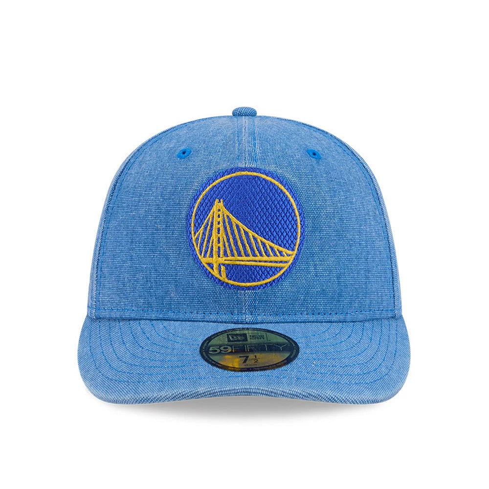 Warriors NBA Hardwood Classic Blue New Era 59FIFTY Fitted Cap, front view showing a yellow and blue embroidered Warriors bridge logo on the structured crown, complete with a curved visor and gold 59FIFTY size sticker on the visor.