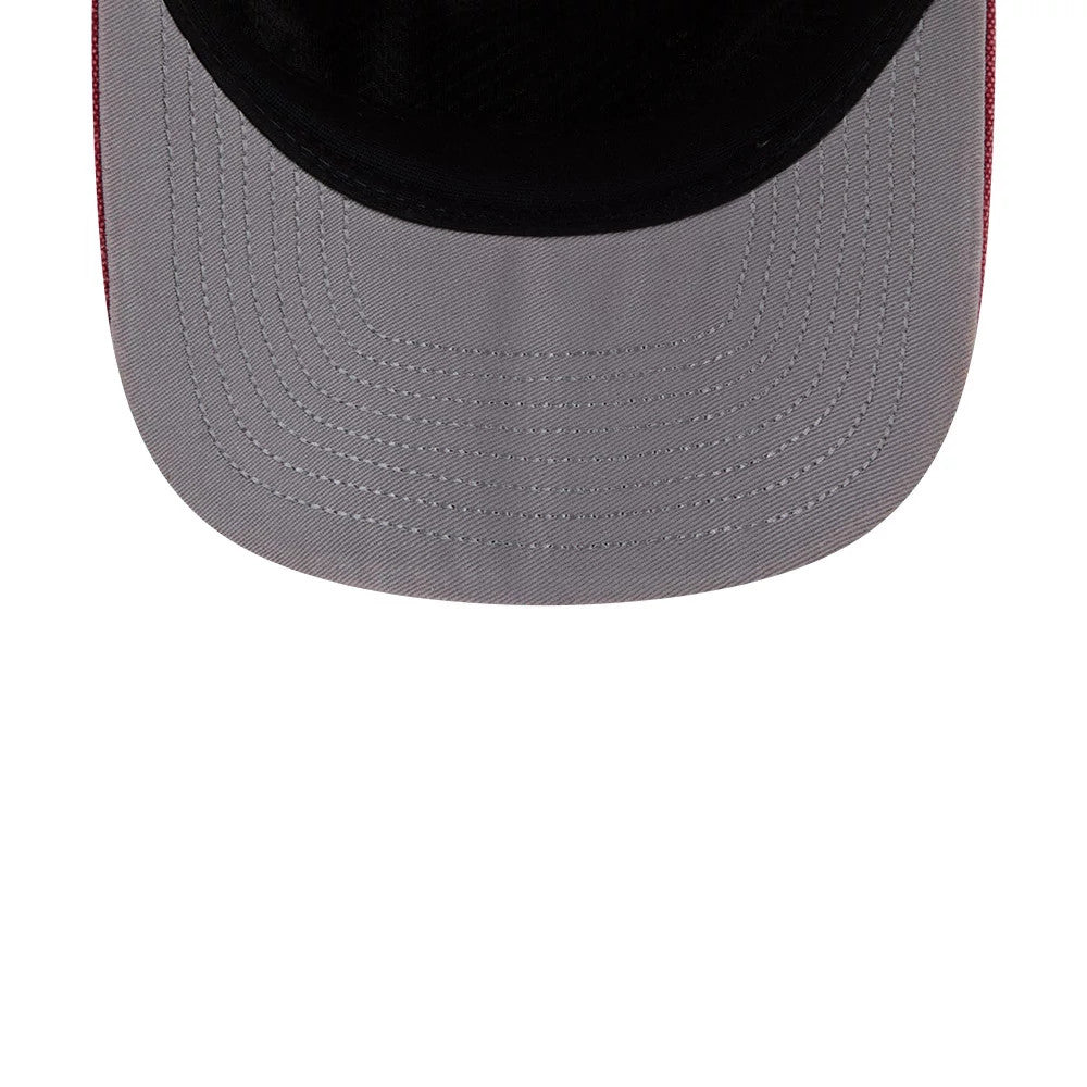 Houston Rockets NBA Hardwood Classic Red New Era 19TWENTY Adjustable Cap, inside view showing the dark grey undervisor with fine stitched on the lower surface, contrasting with the deep red panels on the sides.