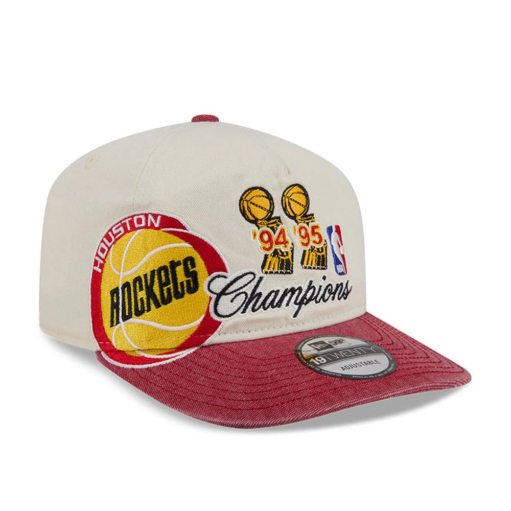 Houston Rockets NBA Hardwood Classic Red New Era 19TWENTY Adjustable Cap, front view showing the embroidered Houston Rockets logo with yellow and red details, championship trophies with '94 and '95.