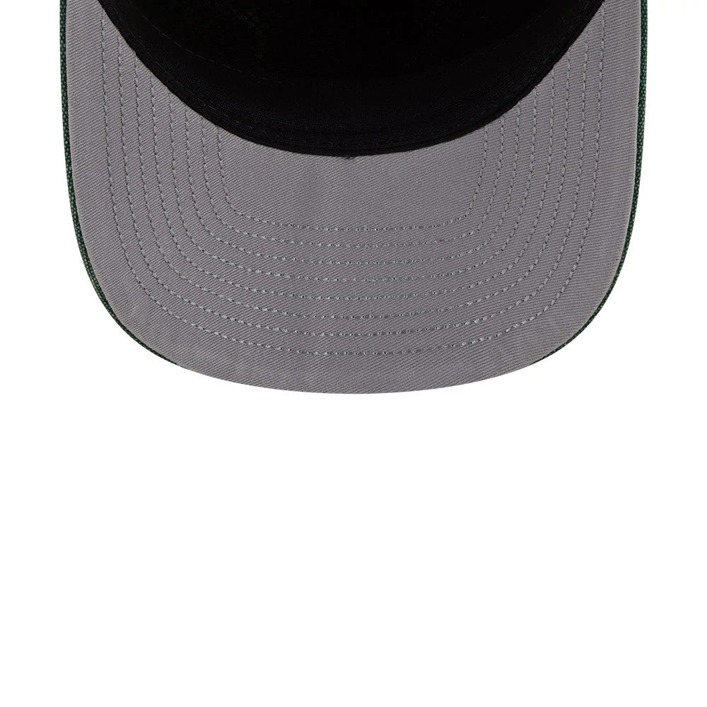 Boston Celtics NBA Hardwood Classic Green New Era 19TWENTY Adjustable Cap, inside view showing a grey undervisor with detailed stitching and a black sweatband, highlighting the classic cap style and interior finishing.