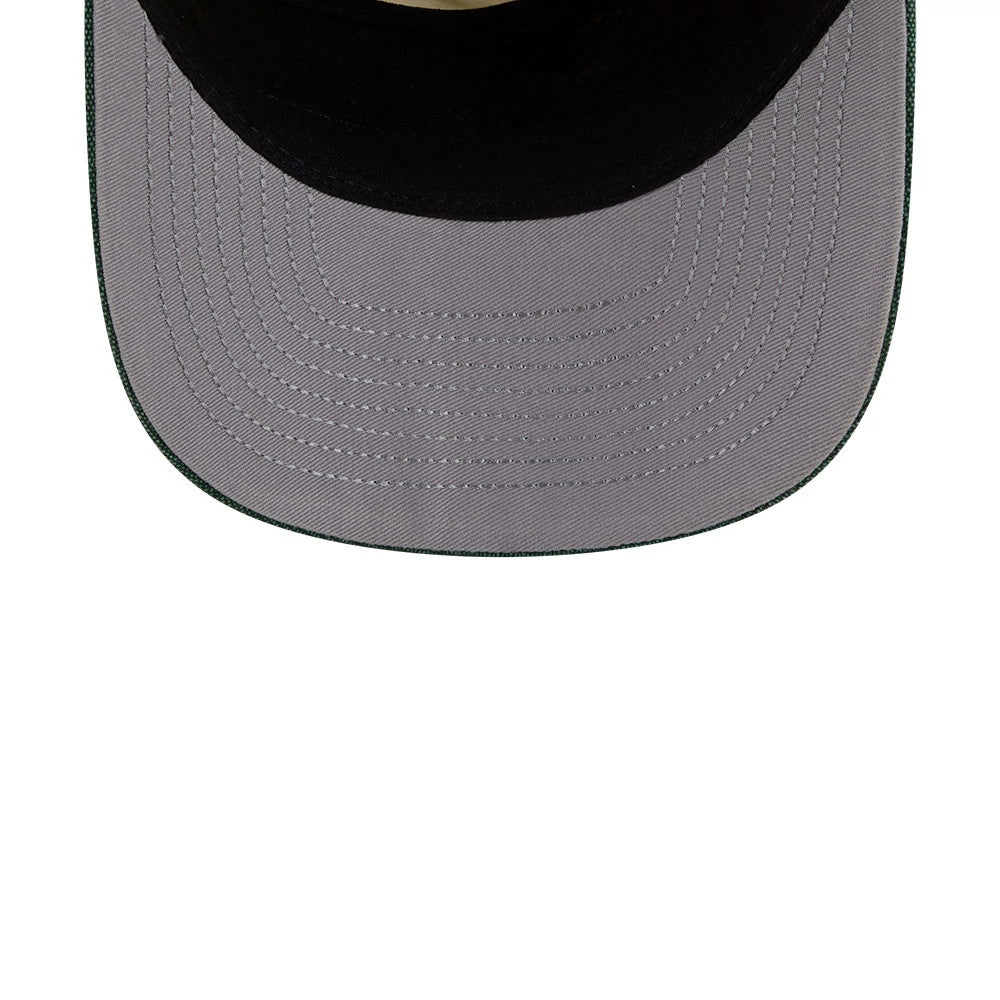 Milwaukee Bucks NBA Hardwood Classic Green New Era 19TWENTY Adjustable Cap, underside view showing the grey undervisor with multiple rows of clean stitching, contrasting with the deep green of the outer visor edge.