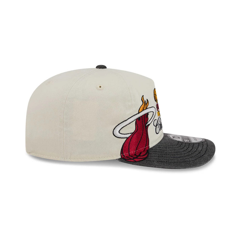 Miami Heat NBA Hardwood Classic Cream New Era 19TWENTY Adjustable Cap, side view showing the embroidered Miami Heat logo in red and orange on the cream crown, with a contrasting grey visor and top button, and a black New Era flag logo.