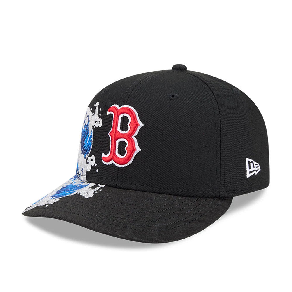 Boston Red Sox MLB Vissurf Black New Era 9FIFTY Snapback Adjustable Cap, three-quarter view showing the raised red B logo on the front panel, dynamic blue and white wave design on the visor and front, and the New Era flag logo on the left side.