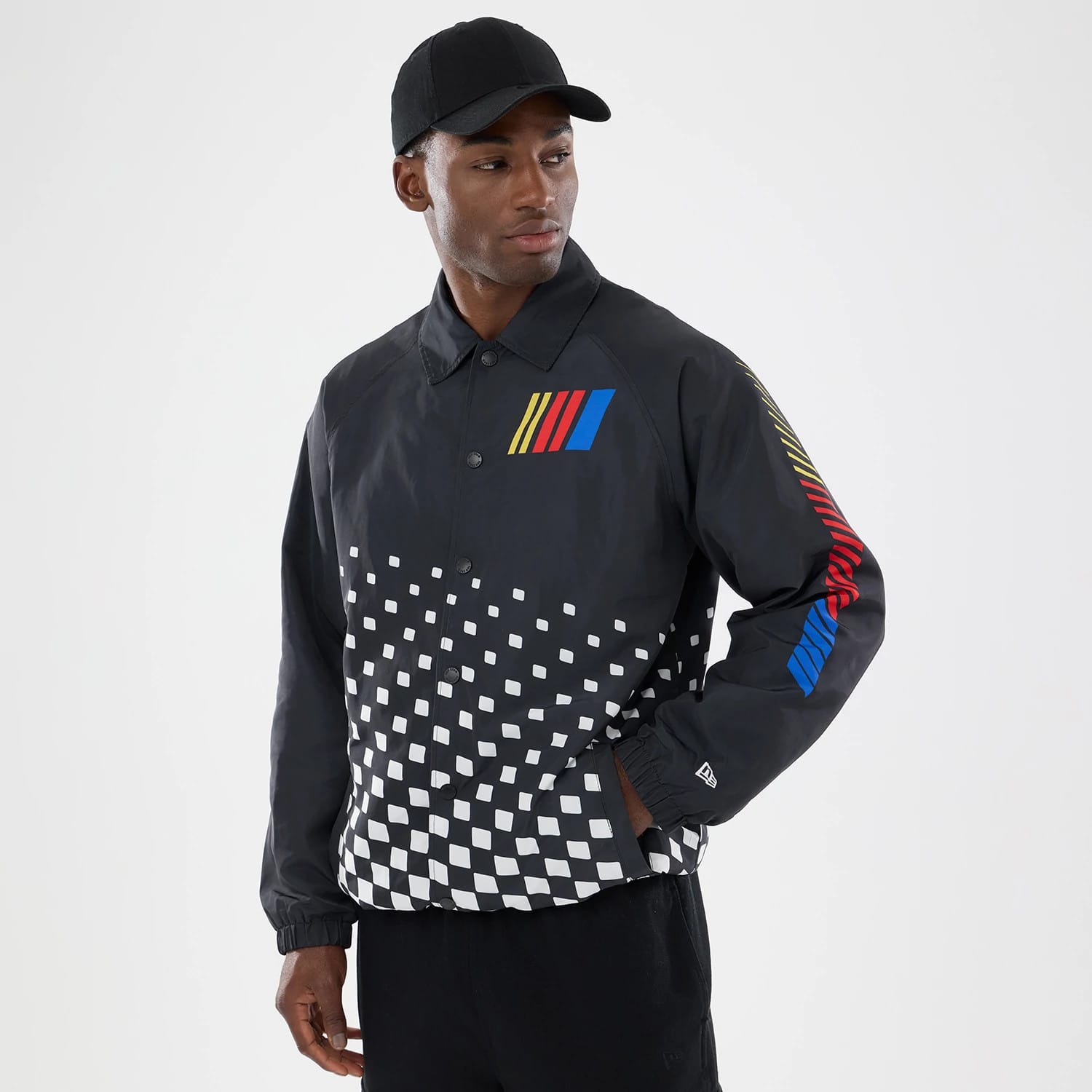 The model is wearing this Nascar Logo Jacket in black. 1