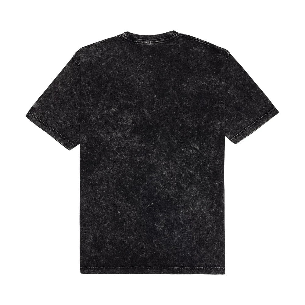 New Era Nascar Logo Washed Black T-Shirt, back view showing a faded black washed effect across the entire shirt, with short sleeves and a round neckline, providing a distinctive worn aesthetic without logos or additional graphics.