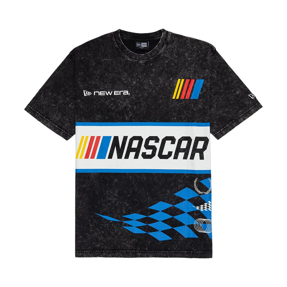 New Era Nascar Logo Washed Black T-Shirt, front view showing the multicoloured stripe design over the chest with Nascar lettering, a New Era embroidered logo on the upper left, and a blue checkered flag pattern along the bottom.