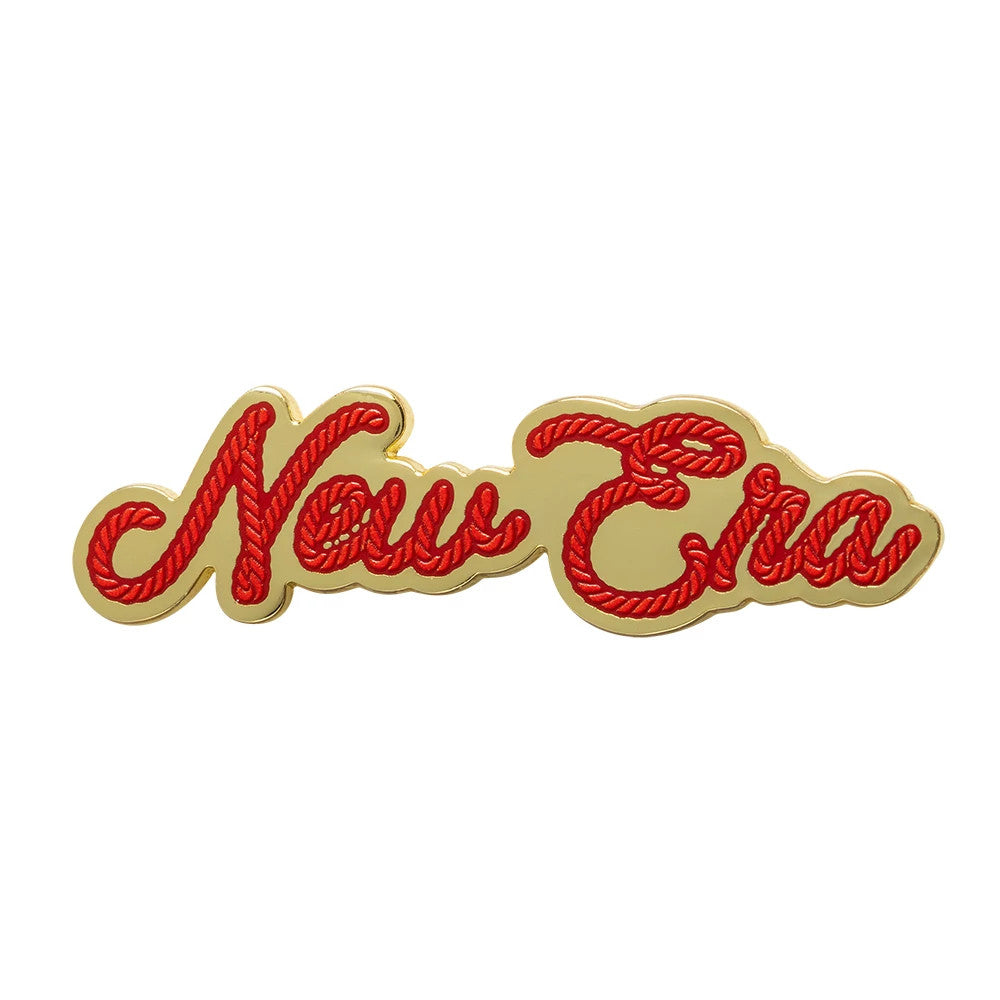 New Era Lunar New Year Fan Red Pin Badge, front view showcasing the elegant gold backing with raised red script reading New Era in a rope-like design, set centrally, against the gold background of the badge.