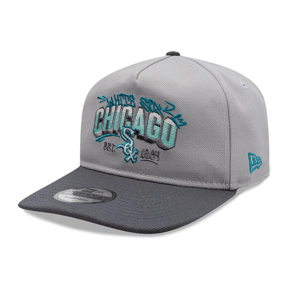 Chicago White Sox MLB Tagged Grey New Era 19TWENTY Cap, front view showing a teal and grey embroidered Chicago White Sox logo with graffiti-style lettering, a flat dark grey visor, and a 19TWENTY size sticker on the visor.