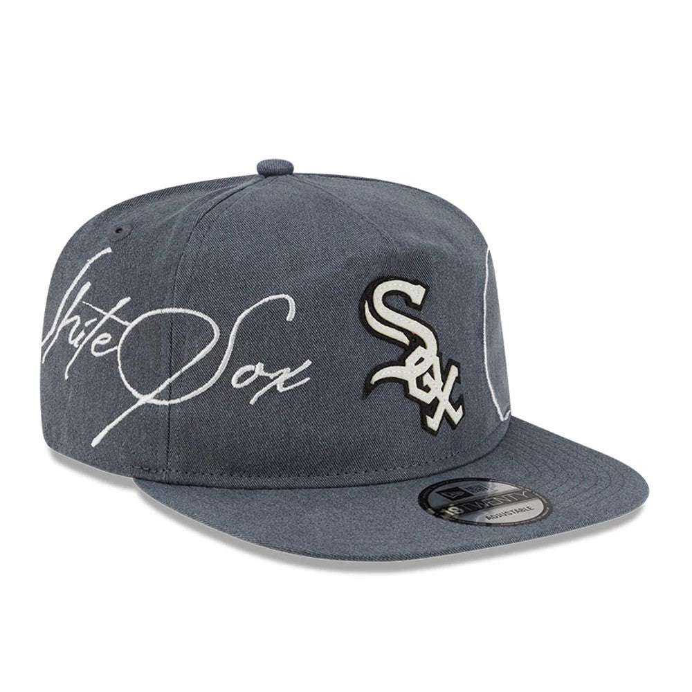 Chicago White Sox MLB Script Wash Dark Grey New Era 19TWENTY Cap, three-quarter view showing raised white Sox logo on the front panel, large white script embroidery across the side, and a flat dark grey visor with a 19TWENTY size sticker.
