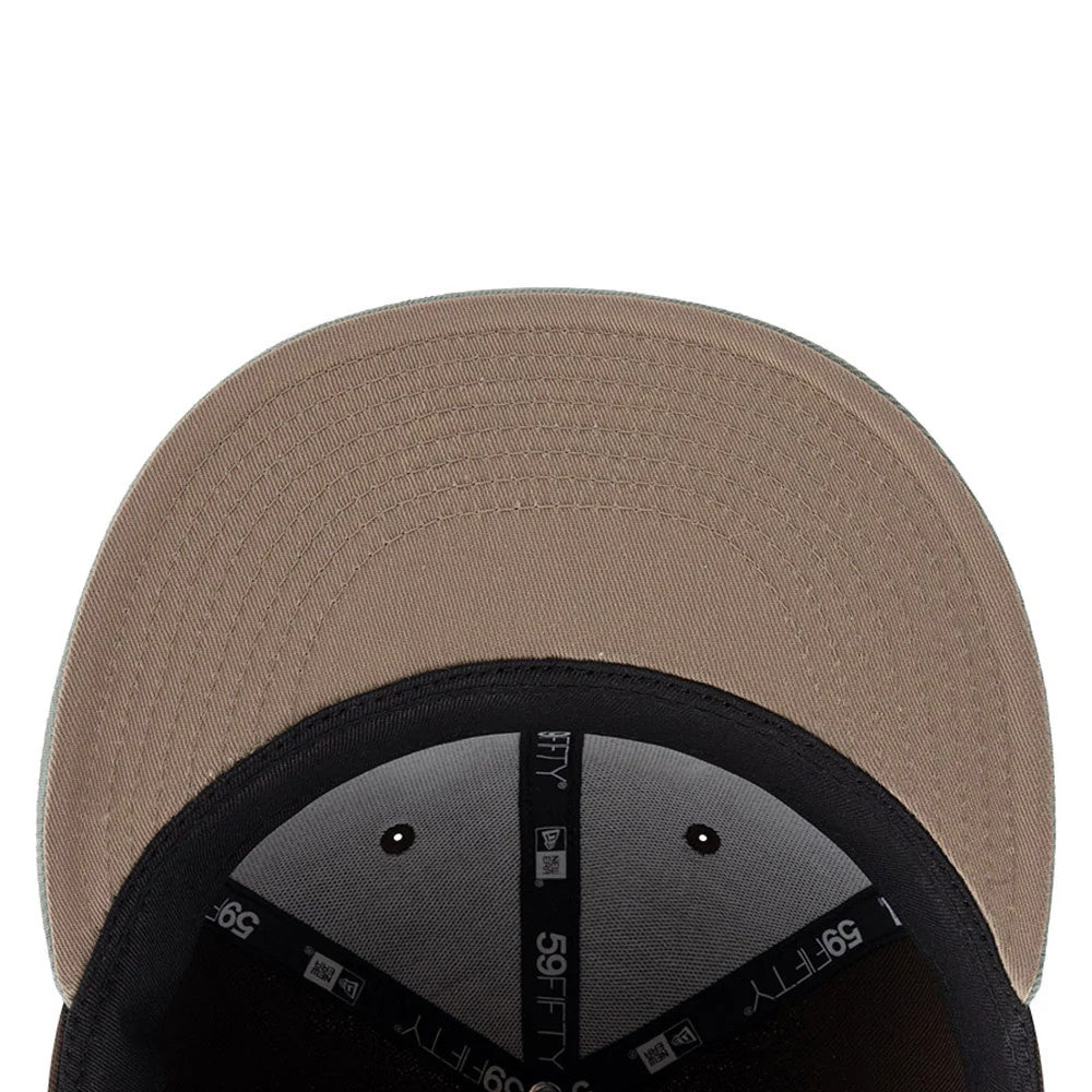 New Era DIY Note Dark Brown 59FIFTY Fitted Cap, inside view showing the dark brown undervisor, black branded taping with 59FIFTY markings, and a black sweatband lining the inner edge of the structured crown.