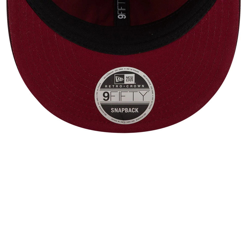 Chicago White Sox MLB Flourishes Purple Retro Crown New Era 9FIFTY Cap, inside view showing the black sweatband lining the interior, black taping with white branding running along the centre, and the 9FIFTY size sticker on the burgundy undervisor.