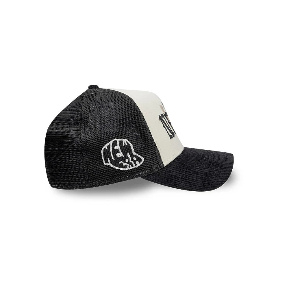 Pictured is this New Era Old English 9FORTY A-Frame cap in white. 3
