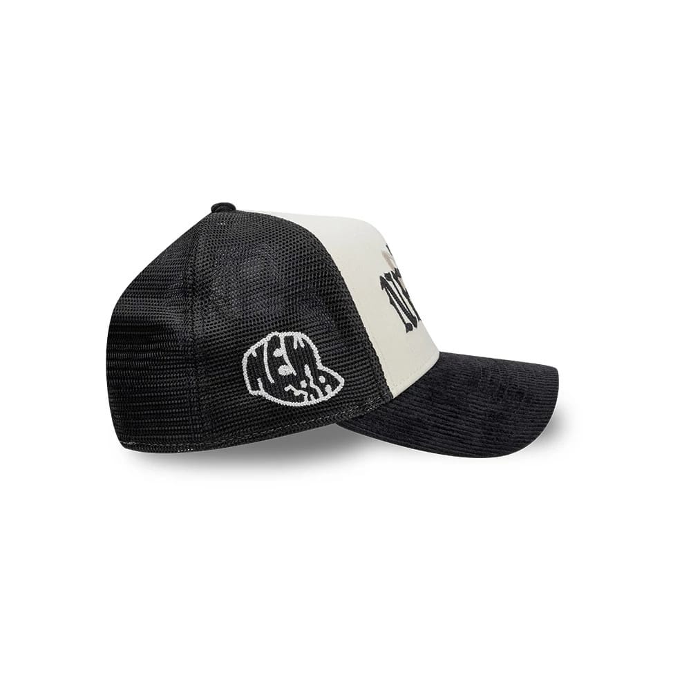 Pictured is this New Era Old English 9FORTY A-Frame cap in white. 3