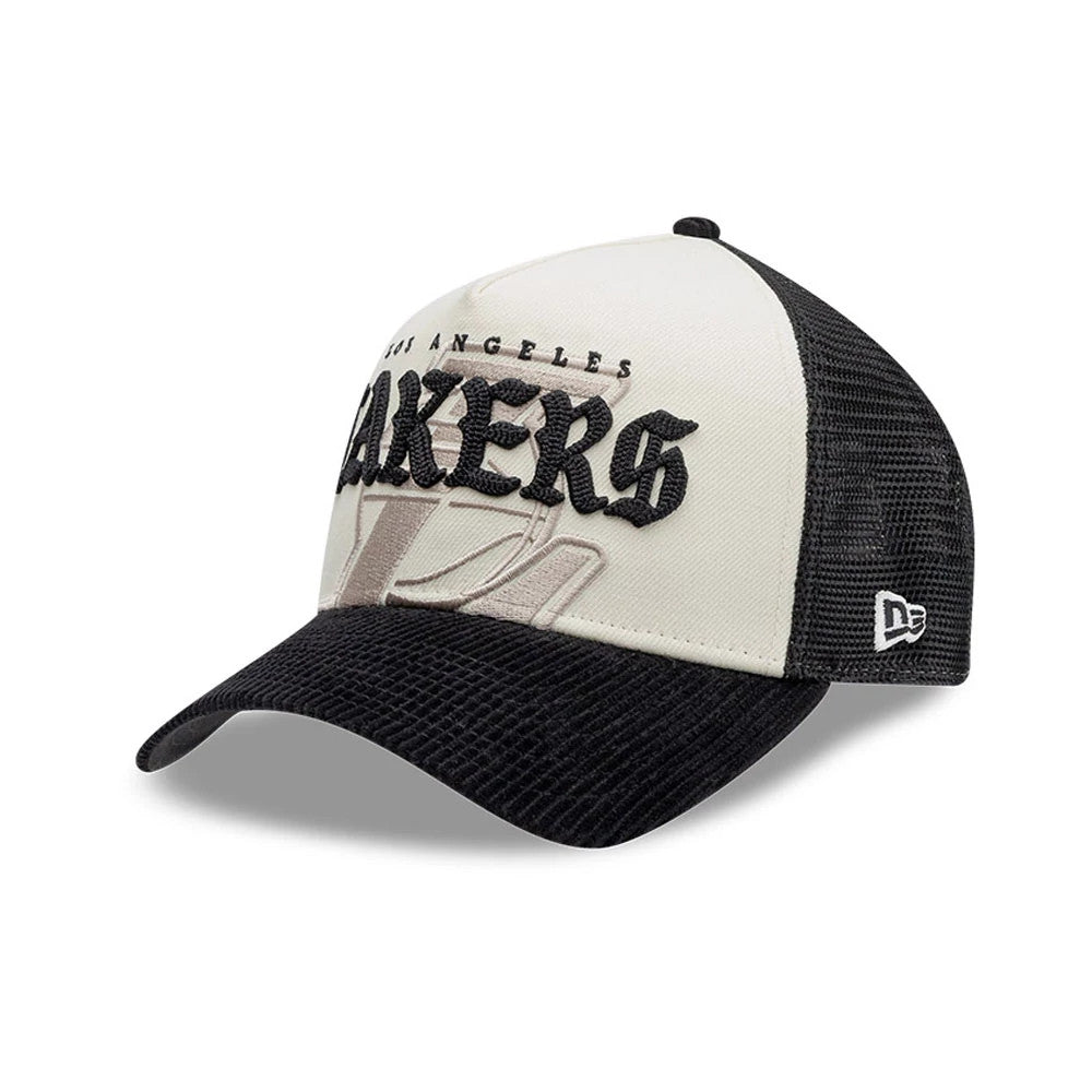 LA Lakers NBA Old English White New Era 9FORTY A-Frame Cap, three-quarter view showing the black raised embroidery of Lakers on the front panel, a black pre-curved visor, and the New Era flag logo embroidered on the black mesh side.