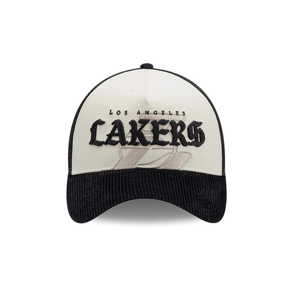 Pictured is this NBA Old English LA Lakers 9FORTY A-Frame cap in white. 2