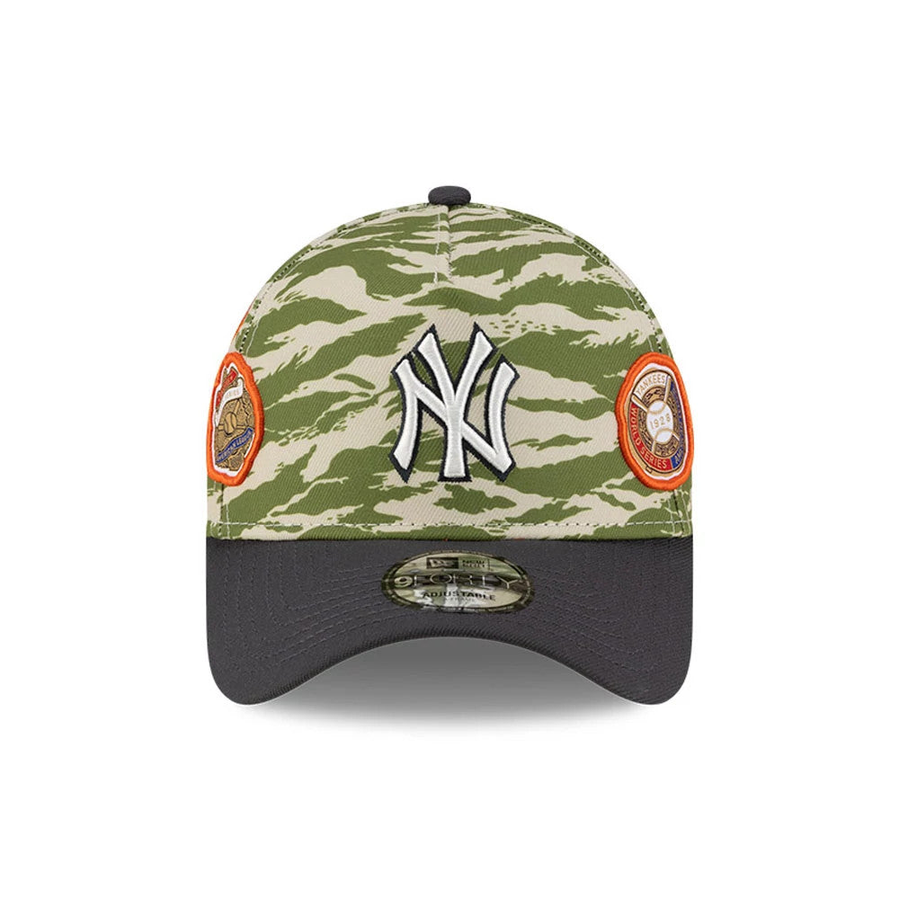New York Yankees MLB Tiger Camo Green New Era 9FORTY A-Frame Cap, front view showing the white embroidered NY logo on the green tiger camo crown, two embroidered patches on either side, and a matching 9FORTY size sticker on the black visor.