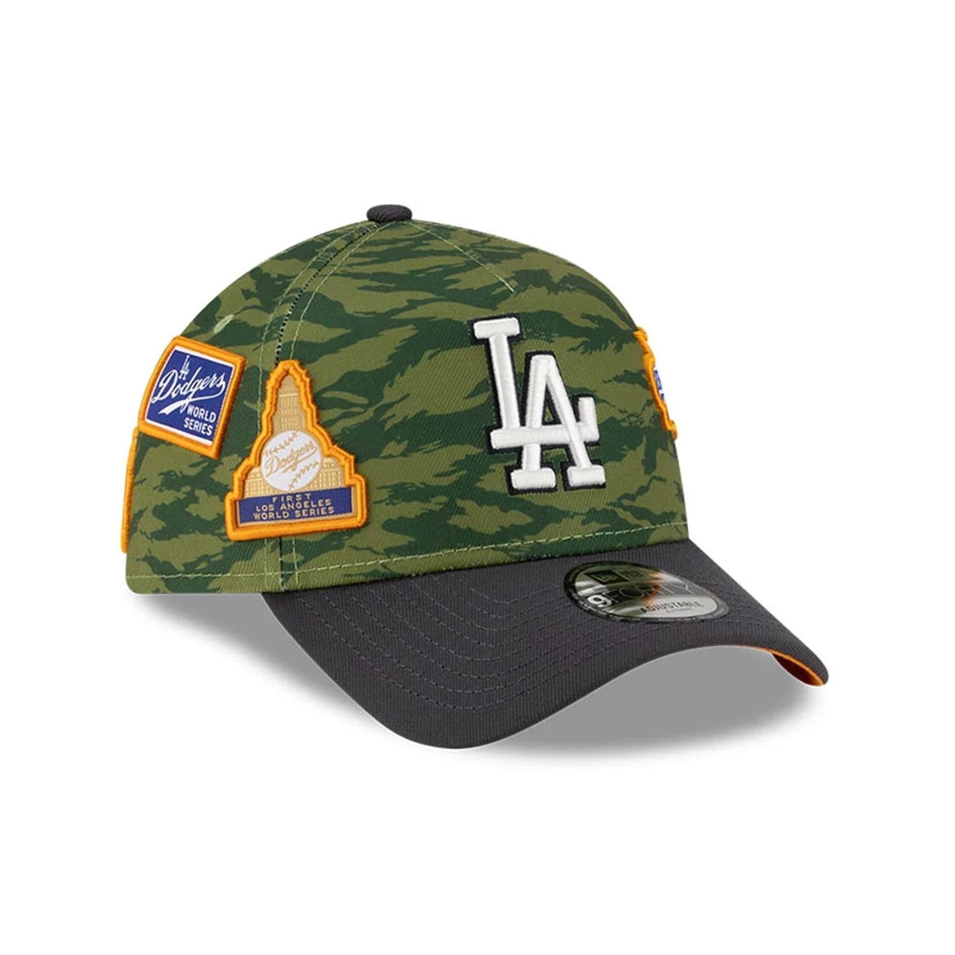 Pictured is this MLB Tiger Camo LA Dodgers 9FORTY A-Frame cap in Green. 1