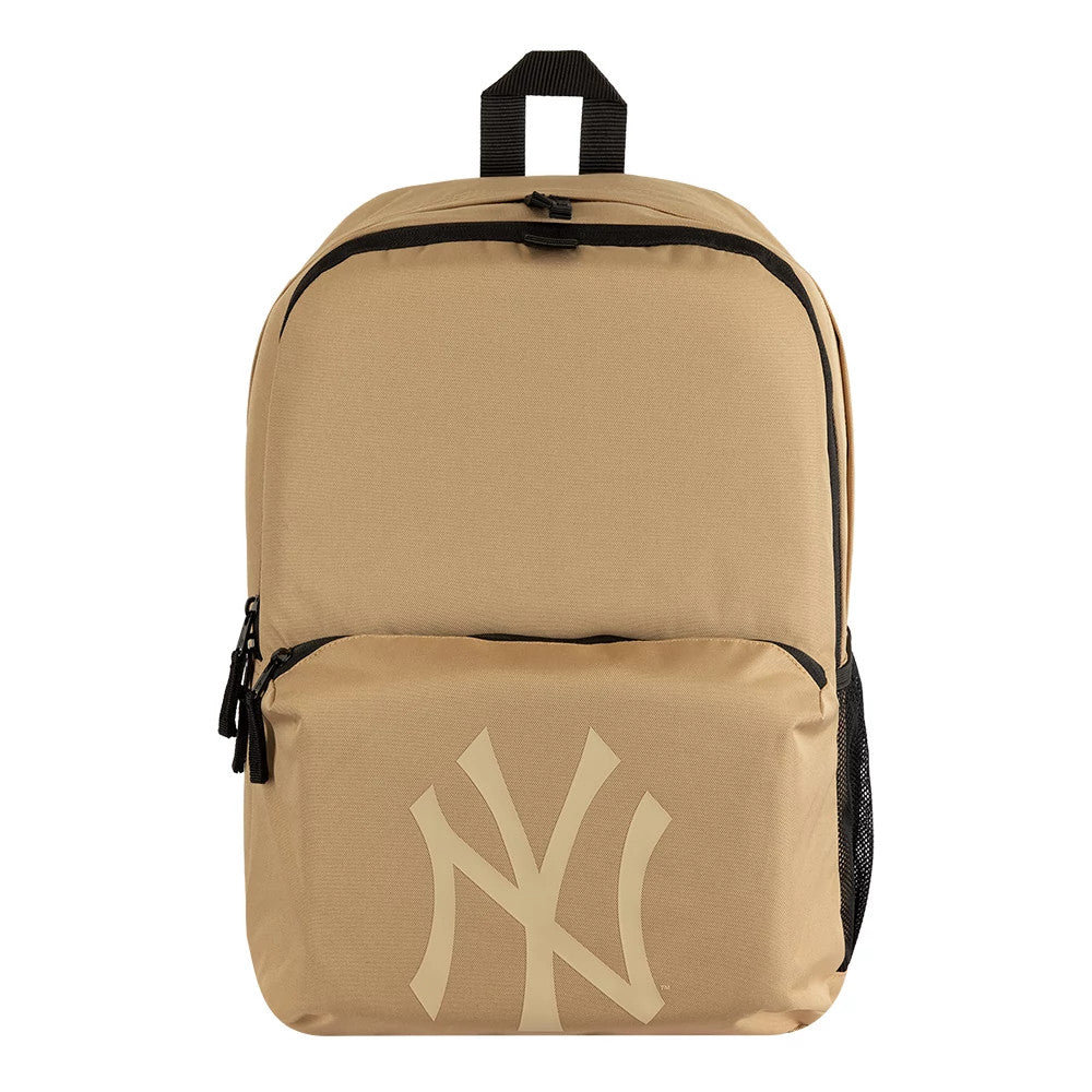 New Era New York Yankees MLB Light Beige Stadium Backpack, front view showing a large printed NY Yankees logo on the lower front pocket, a central zip closure at the top of the main compartment and a black carry handle at the top.
