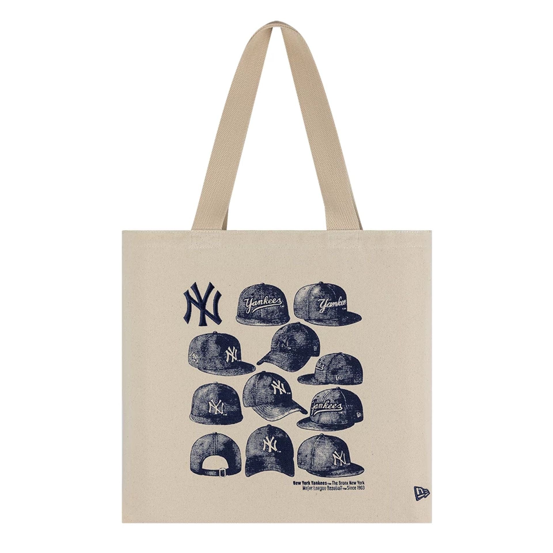 Pictured is this MLB Cap Graphic New York Yankees Tote Bag in light beige. 2