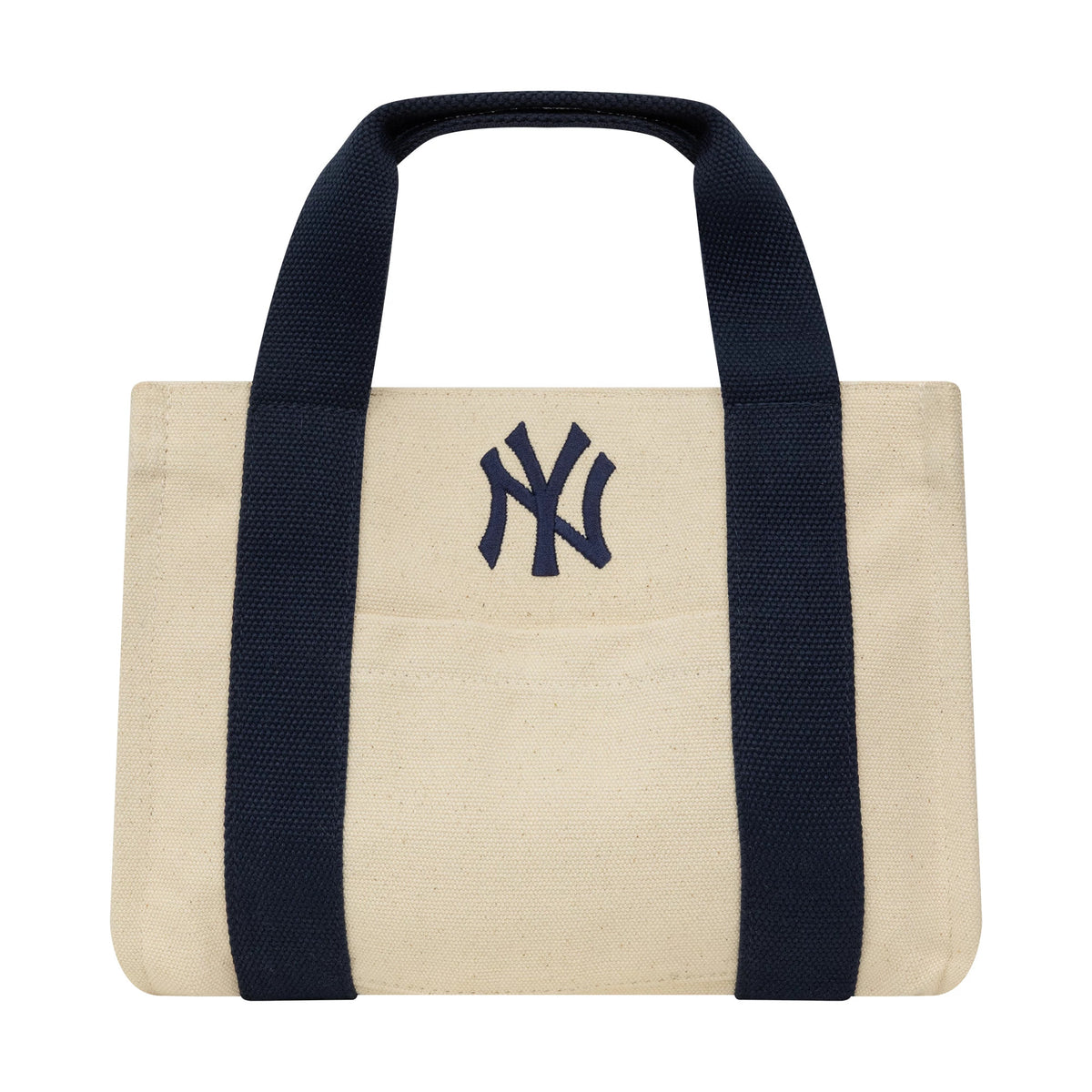 New Era New York Yankees MLB Light Beige & Navy Tote Bag, front view displaying the navy embroidered Yankees logo prominently centred on the light beige fabric, with two substantial navy handles running vertically down each side.