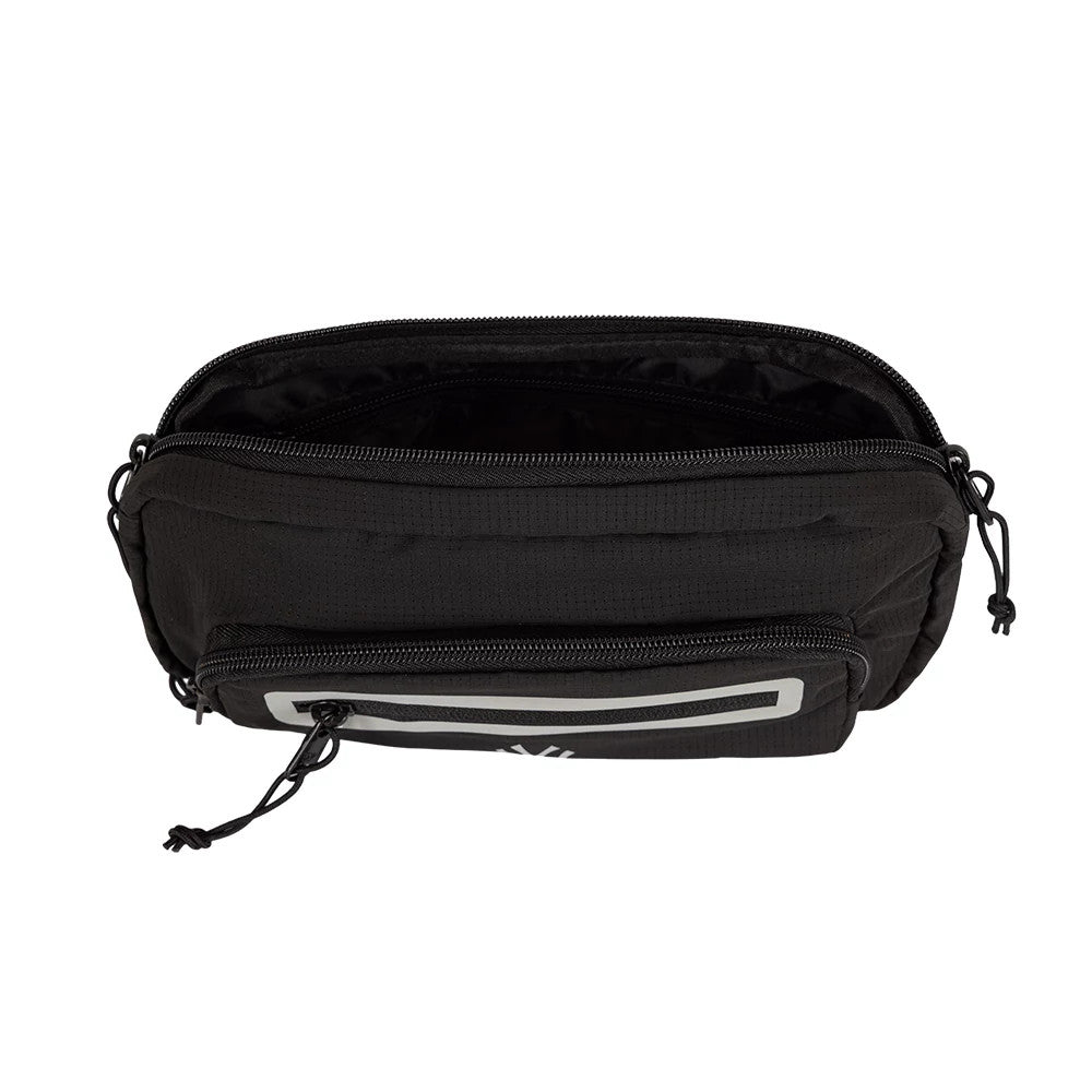 New Era New York Yankees MLB Active Mesh Black Waist Bag, open view showing the main compartment with a zip closure, a smaller front pocket with a reflective strip and zip, and the embroidered New Era logo on the front.