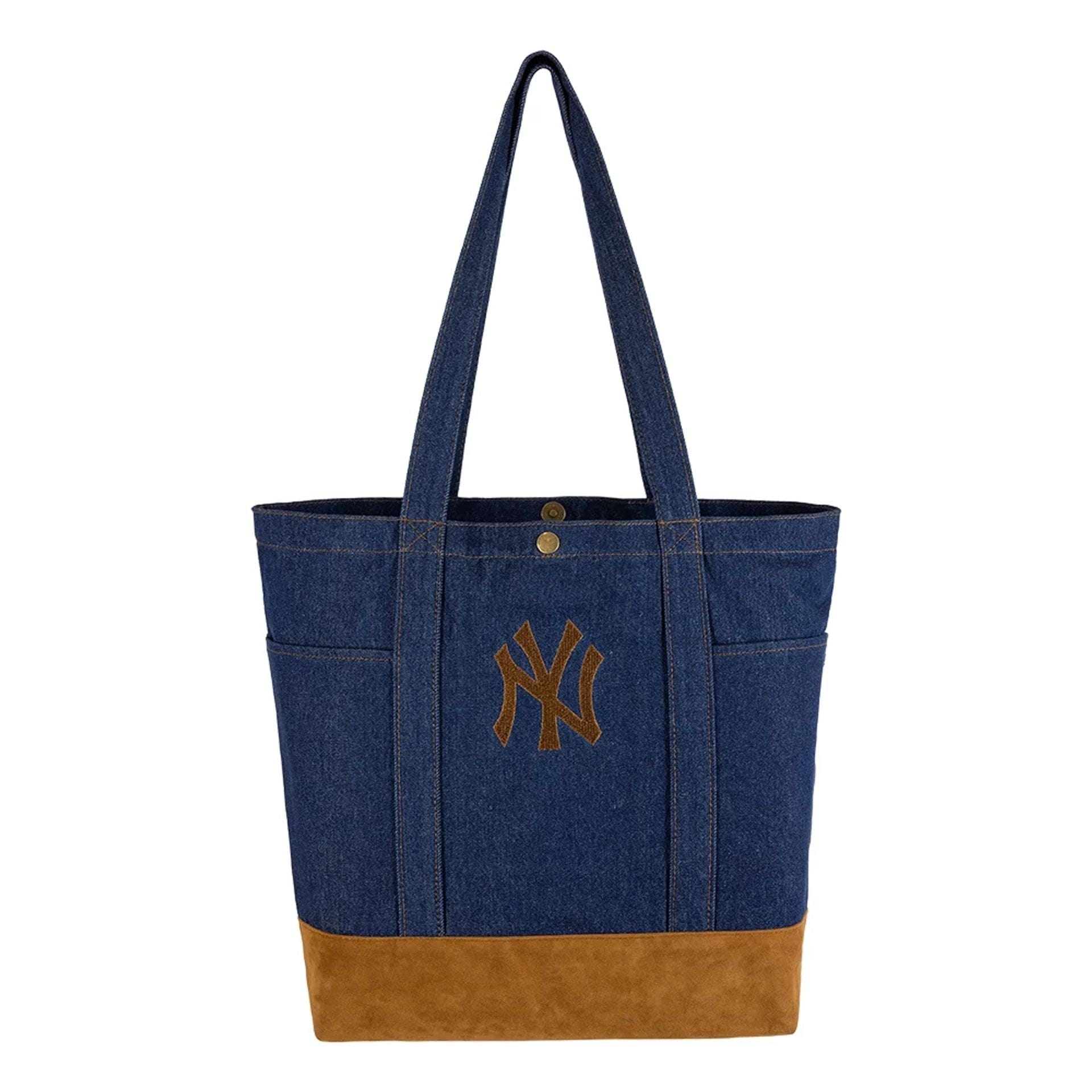 Pictured is this MLB Suede Denim New York Yankees Tote Bag in navy. 2