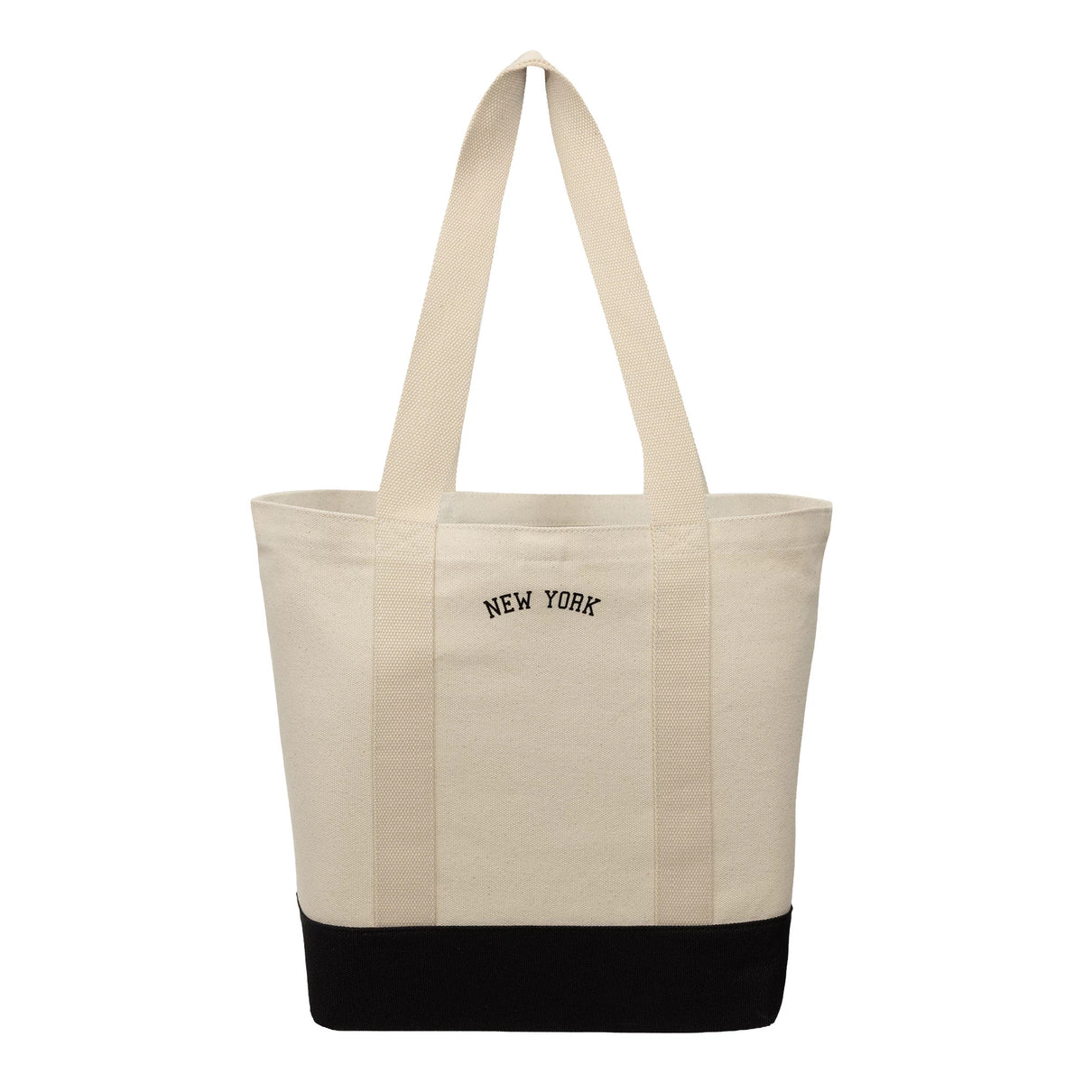 New Era New York Yankees MLB Script Light Beige Tote Bag, front view showing a light beige tote with over-the-shoulder handles, New York embroidered in black on the front, and a solid black base for contrast.