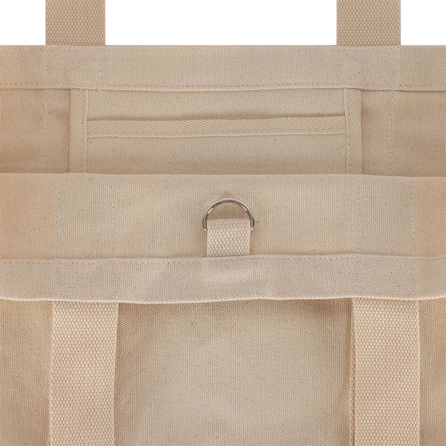 New Era New York Yankees MLB Script Light Beige Tote Bag, back view showing a light beige design with reinforced handles, a D-ring detail attached to a loop on the upper back section, and stitch along the edges.