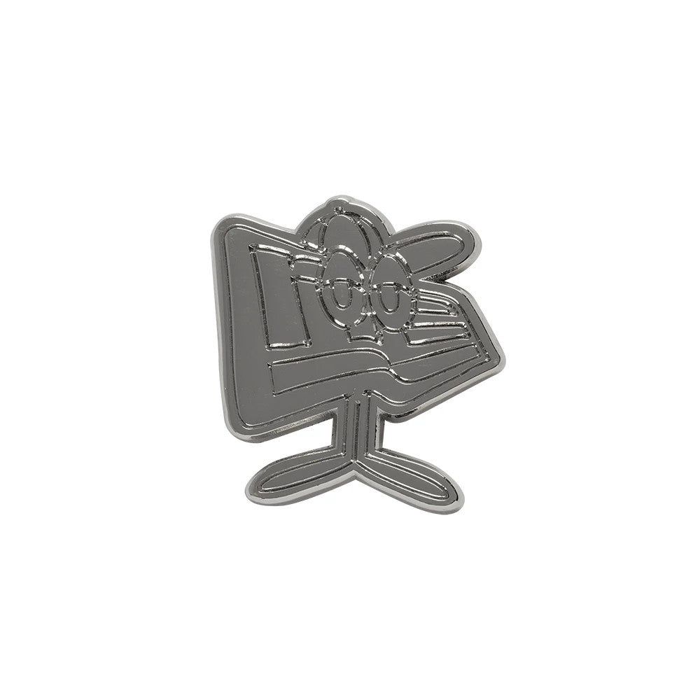 New Era Flag Character Silver Pin Badge, front view showing a stylised character design with outlines, featuring an exaggerated eye and cap detail, all in a silver finish with surface, standing on thin oval-shaped base legs.