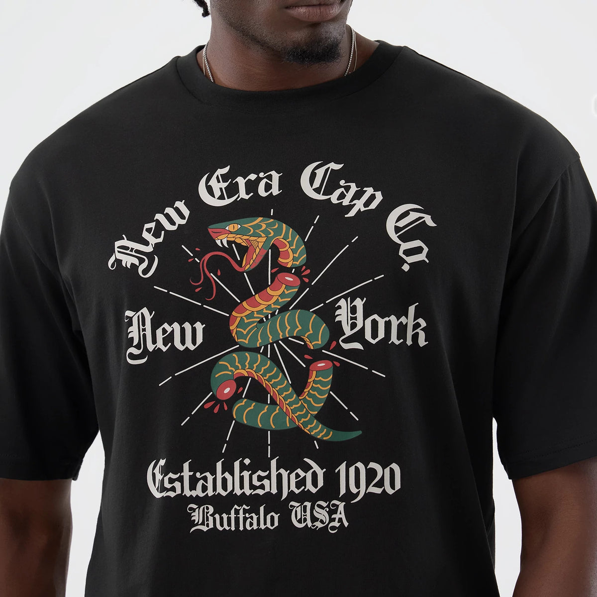 New Era Serpent Graphic Black Oversized T-Shirt, front view showing a green and red serpent design in the centre with New Era Cap Co New York lettering around it, accompanied by Established 1920 Buffalo USA printed below.