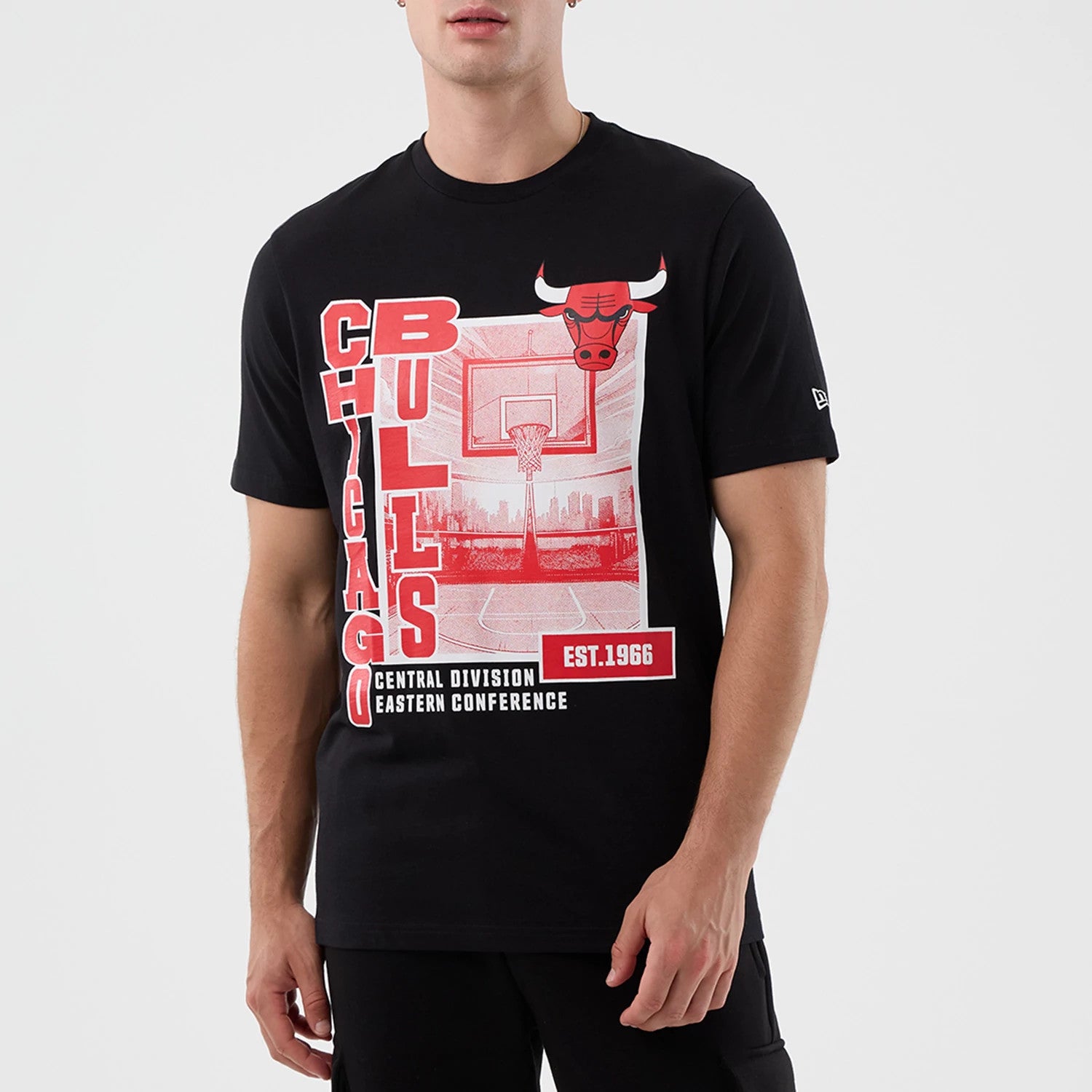 The model is wearing this NBA Court Graphic Chicago Bulls T-Shirt in black. 1