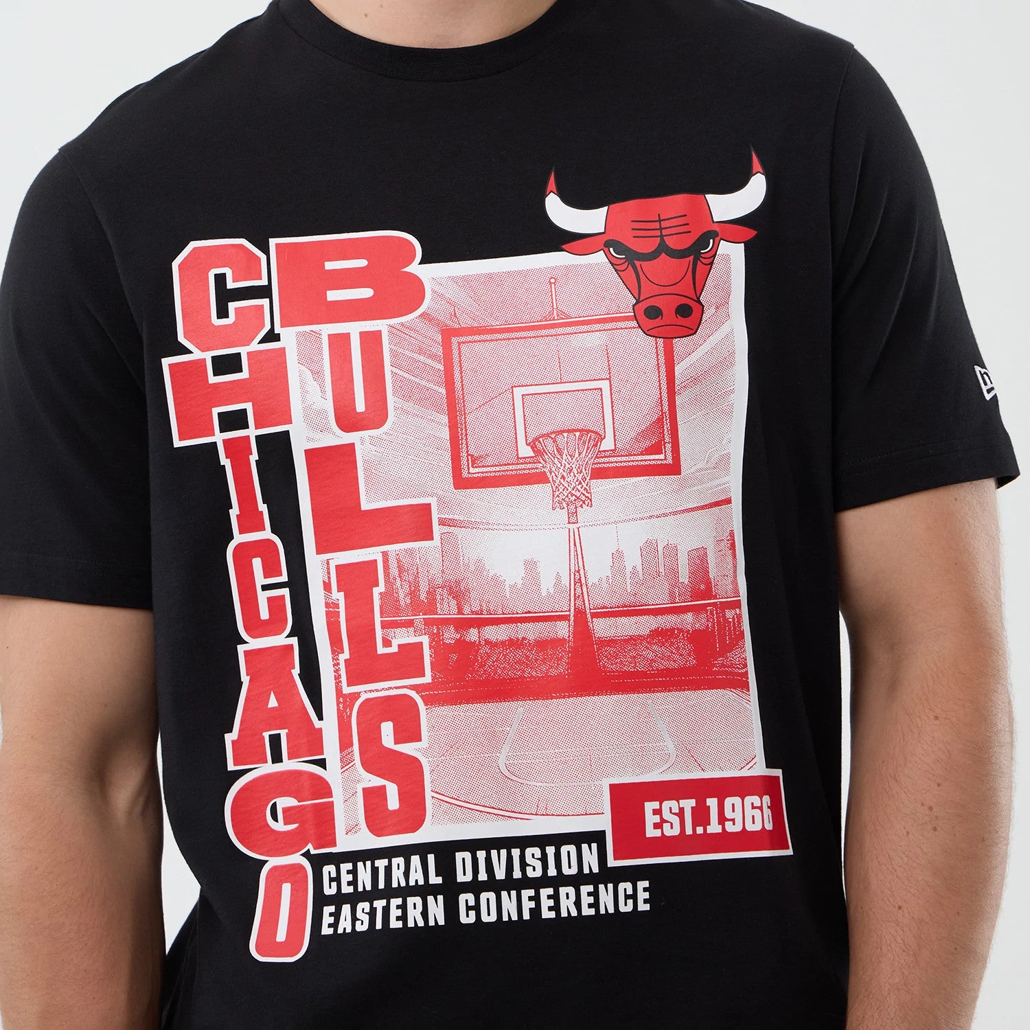 The model is wearing this NBA Court Graphic Chicago Bulls T-Shirt in black. 3