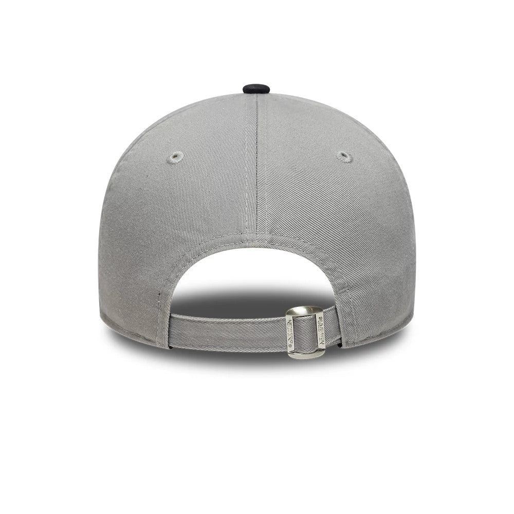 LA Dodgers MLB Washed Contrast Grey New Era 9TWENTY Adjustable Cap, rear view showing a buckle on the adjustable strap, two grey embroidered eyelets, and a black top button on the soft unstructured grey crown.