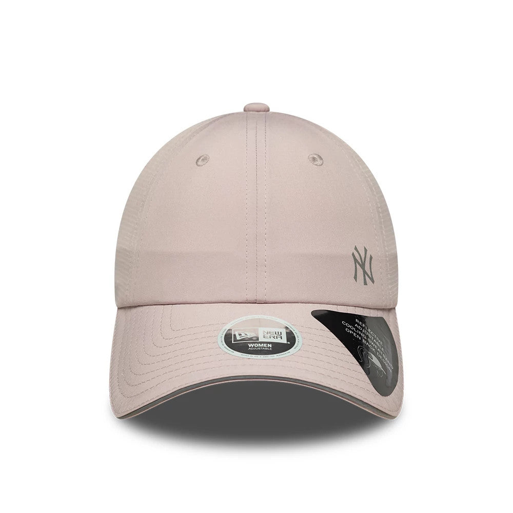 New Era New York Yankees Womens MLB Mesh Pastel Pink Pony Tail Cap, front view showing the raised embroidered NY logo on the front left panel, a curved pastel pink visor with a 9FORTY size sticker, and embroidered eyelets.