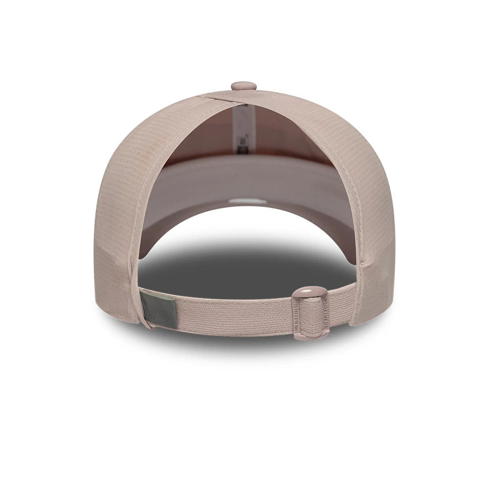 New Era New York Yankees Womens MLB Mesh Pastel Pink Pony Tail Cap, rear view showing the open-back design with a pastel pink strap featuring a clasp, structured mesh crown panels, and a top button matching the cap’s colour.