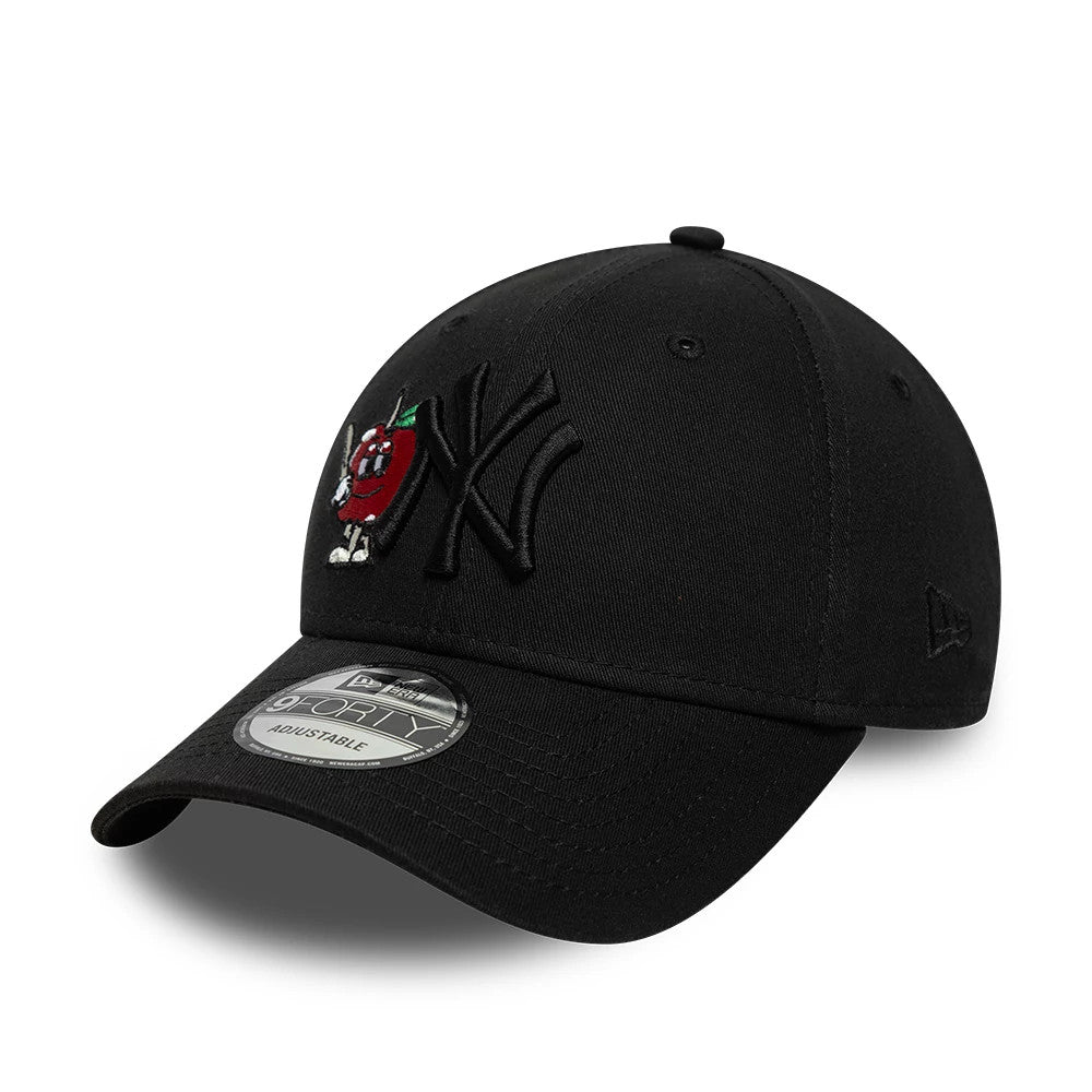 New York Yankees MLB Icon Black New Era 9FORTY Adjustable Cap, three-quarter view showing a raised black embroidered New York Yankees logo with a red apple graphic on the front panel, curved black visor with a 9FORTY size sticker.